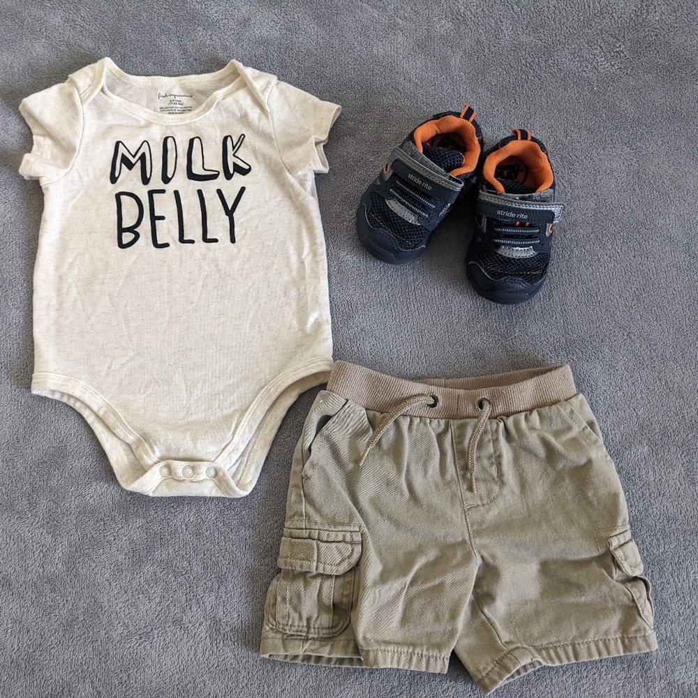 Onsie with cargo shorts and tennis shoes for boys.